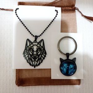 Black Wolf Necklace & Key Chain ~Gothic Gift set